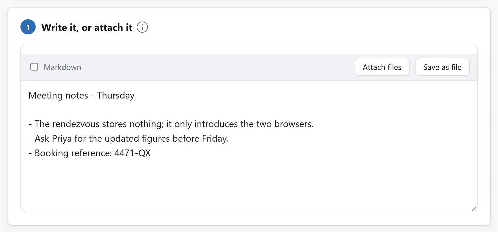 分享工具的编辑卡片。文本框中有会议笔记，上方有 Markdown 开关和添加文件按钮。