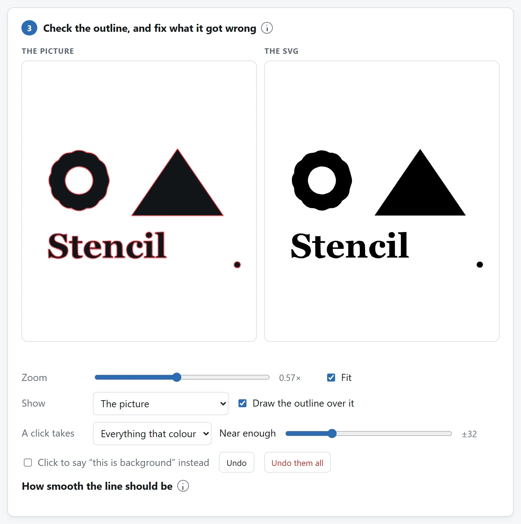 两个画面：左边是图片，上面画着红色的描图轮廓；右边是完成的 SVG。